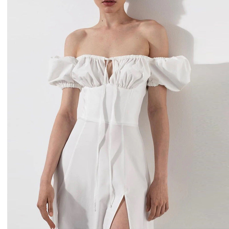 Damen Maxikleid mit schulterfreiem Design und voluminösen Puffärmeln Fudus