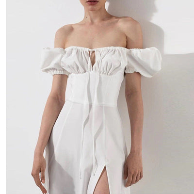 Damen Maxikleid mit schulterfreiem Design und voluminösen Puffärmeln Fudus