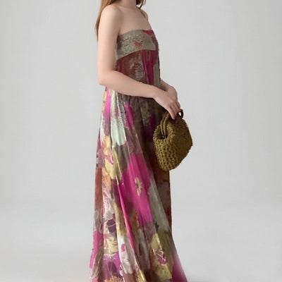 Damen Maxi-Kleid mit strapazierfähigem, floralem Stoff und tiefem Rückenausschnitt Fudus