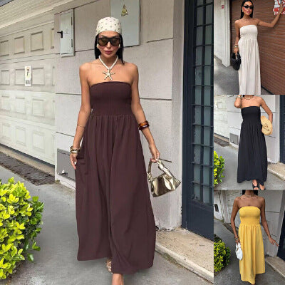 Damen Maxikleid mit elastischem Oberteil und fließendem Rock Fudus