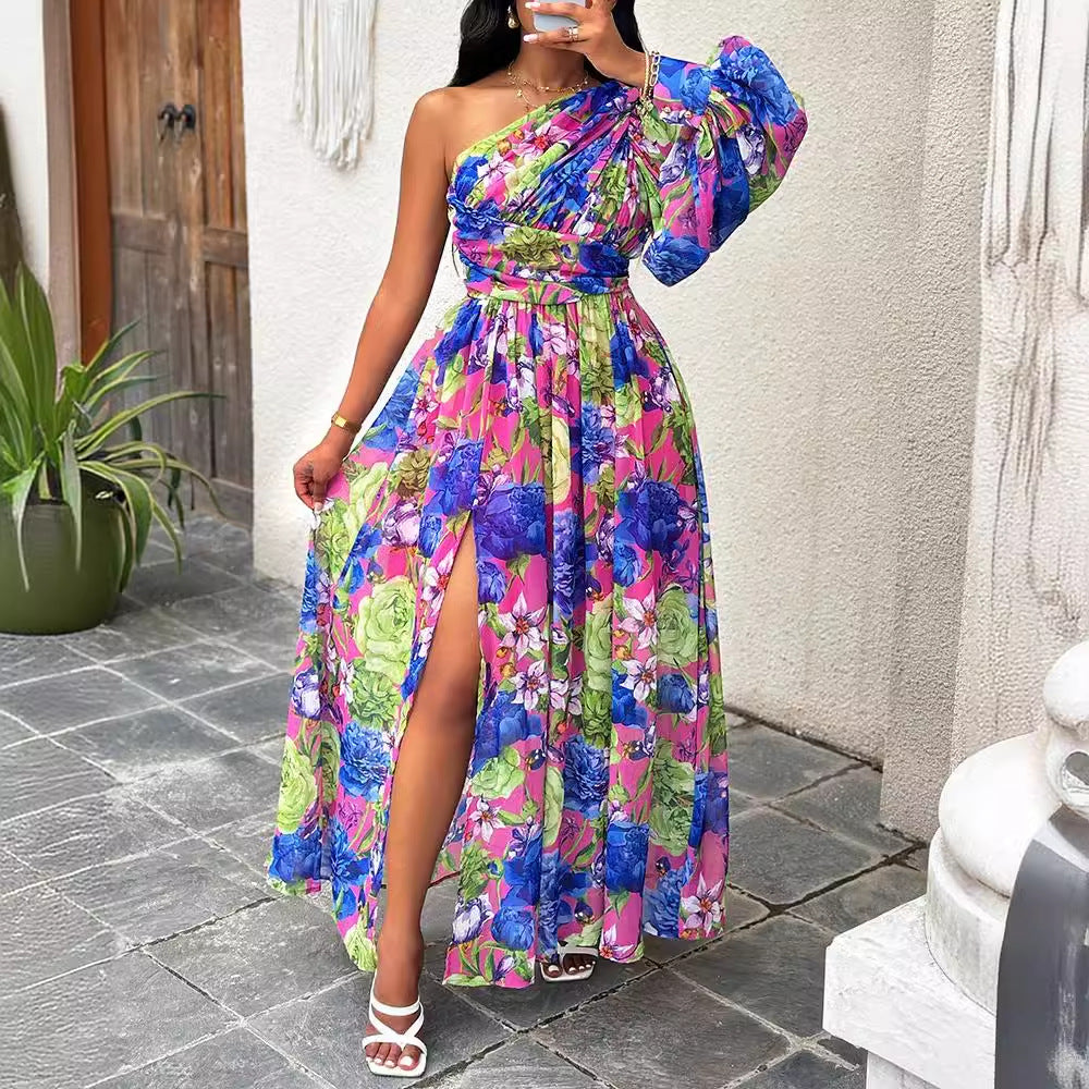 Damen Maxikleid mit asymmetrischem Schnitt und floralem Design Fudus