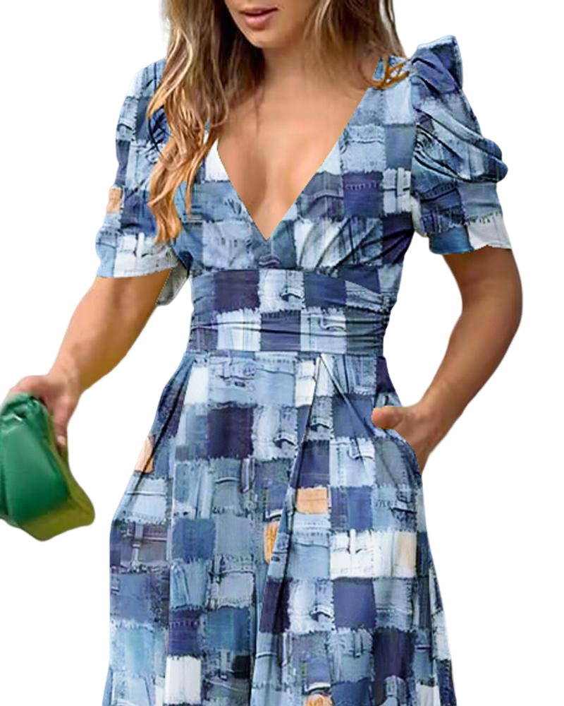 Damen Maxikleid mit tiefem V-Ausschnitt, Rüschenärmeln und praktischen Taschen Fudus