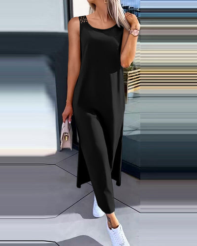 Damen lässiges Longdress mit seitlichen Schlitzen und feinen Spitzenakzenten Fudus