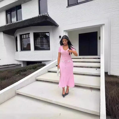 Damen Rippstrick Maxikleid mit Knopfdetails und V-Ausschnitt Fudus