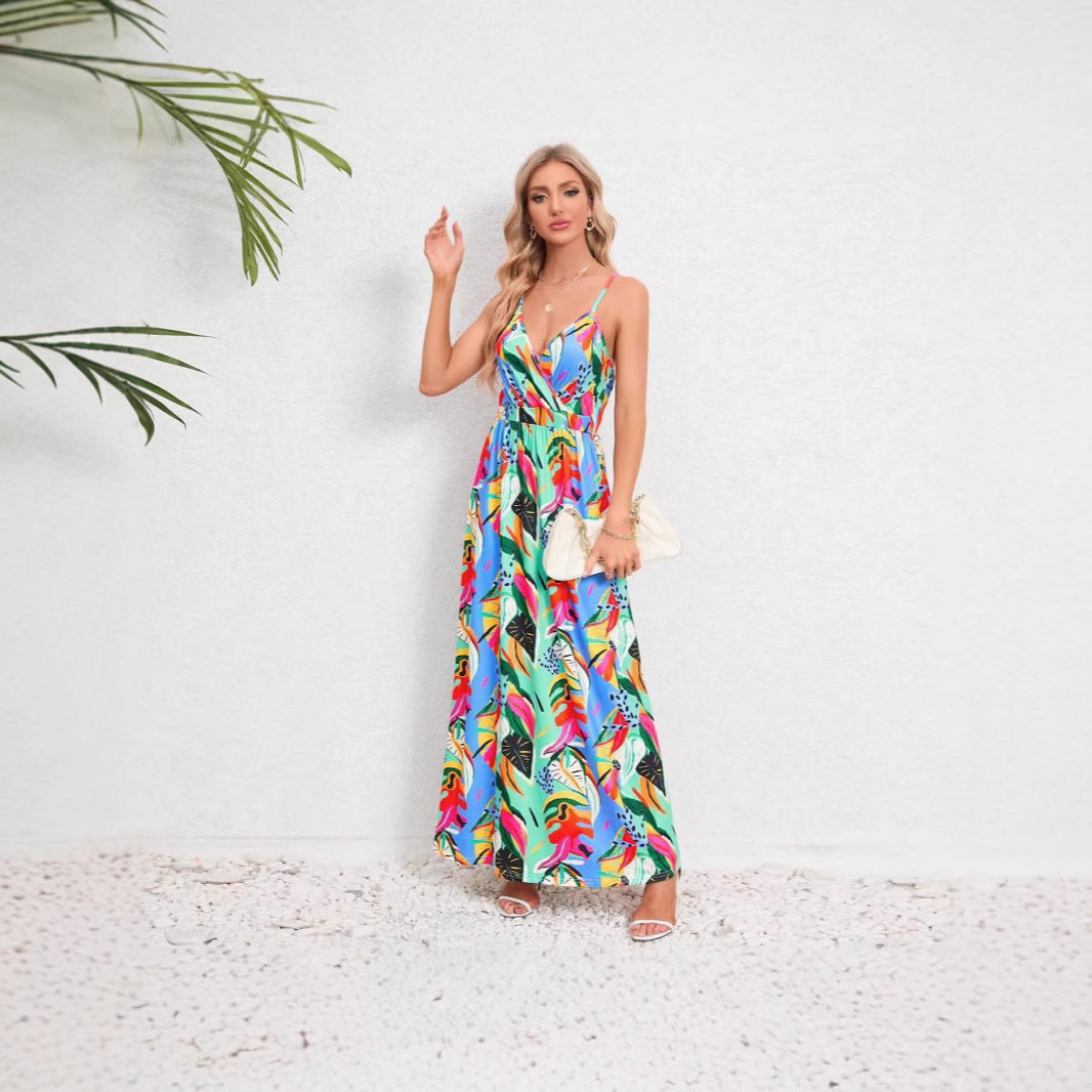 Damen Maxikleid mit zartem V-Ausschnitt und buntem Pflanzenmuster Fudus