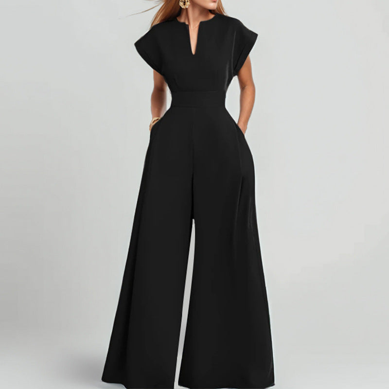 Damen Jumpsuit mit elegantem V-Ausschnitt und weitem Bein Fudus