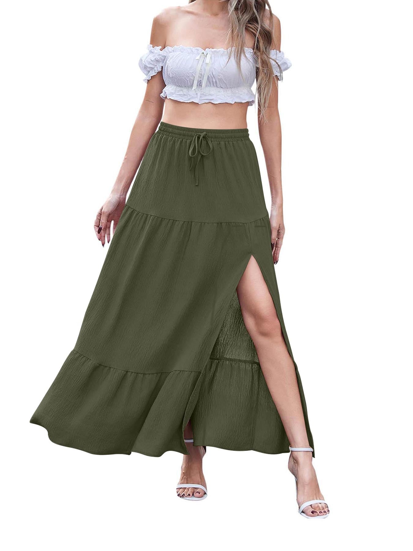 Damen Maxikleid mit hohem Schlitz und Volant Fudus