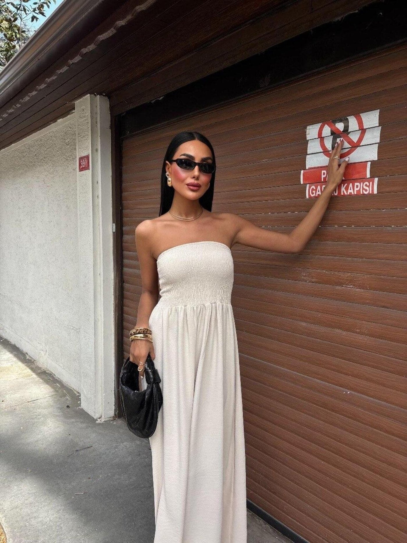 Damen Maxikleid mit elastischem Oberteil und fließendem Rock Fudus