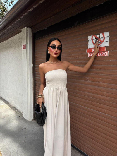 Damen Maxikleid mit elastischem Oberteil und fließendem Rock Fudus