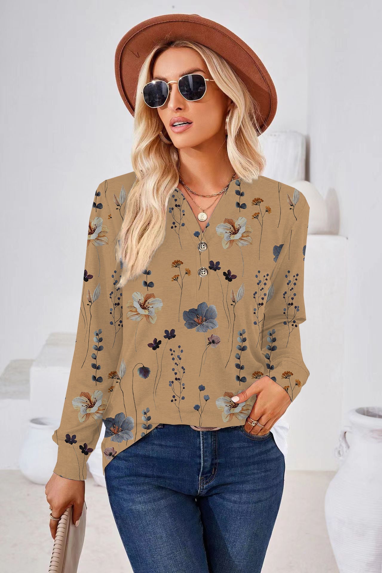 Damen Bluse mit floralem Print und Knopfdetails Fudus