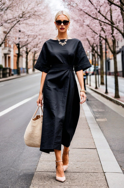 Damen Midi-Kleid mit weit geschnittenen Ärmeln und taillierter Silhouette Fudus