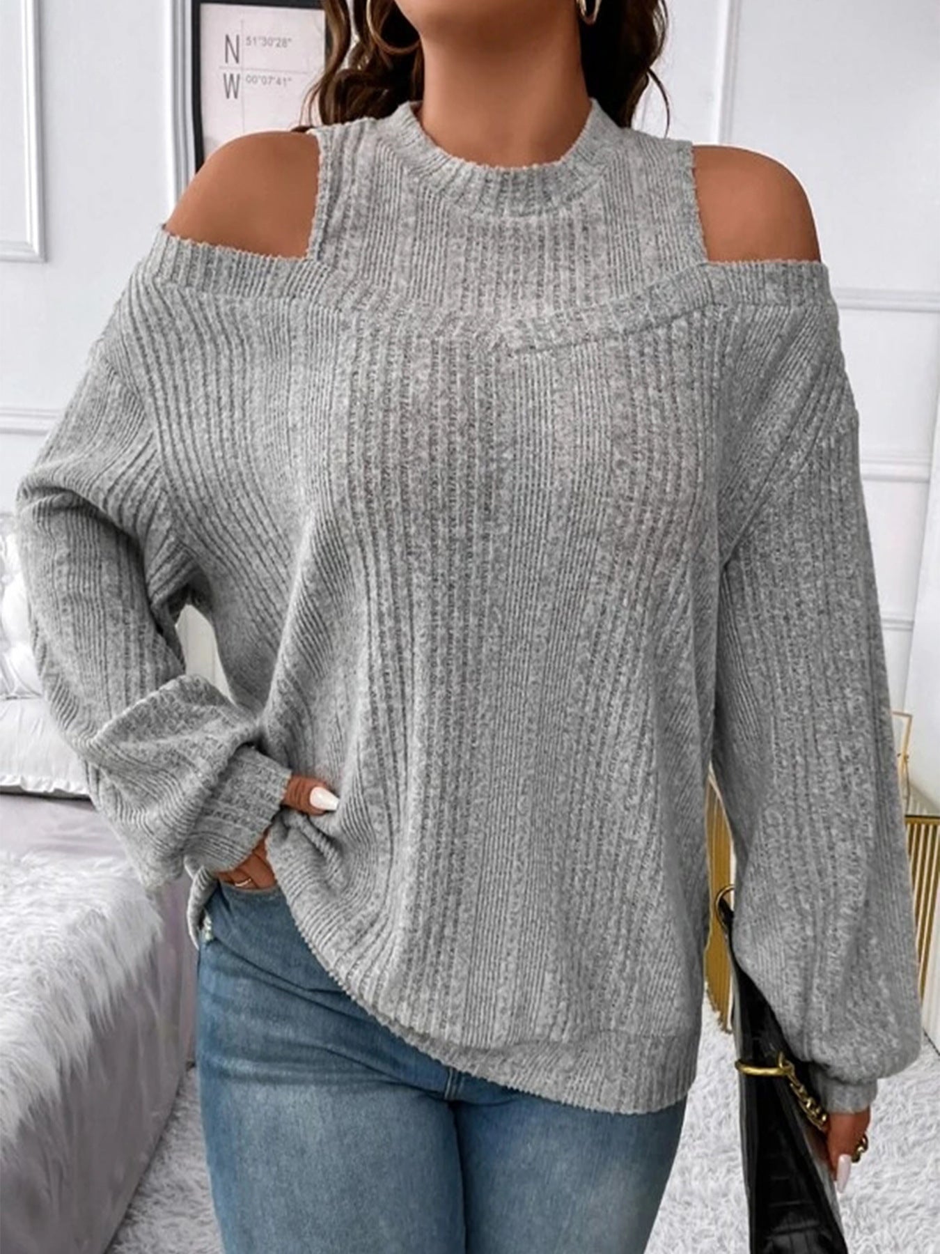 Damen Oversized Strickpullover mit Schulterauschnitten und Rippstruktur Fudus