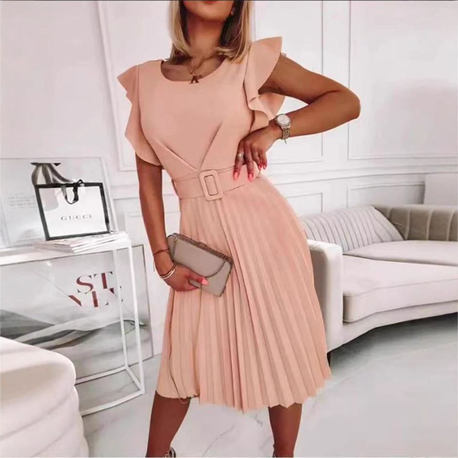 Damen Faltenrock-Kleid mit Rüschendetails und Taillengürtel Fudus