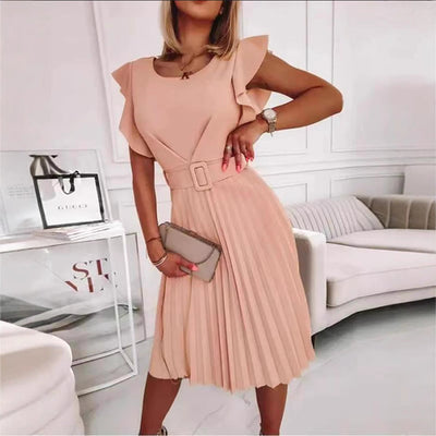 Damen Faltenrock-Kleid mit Rüschendetails und Taillengürtel Fudus