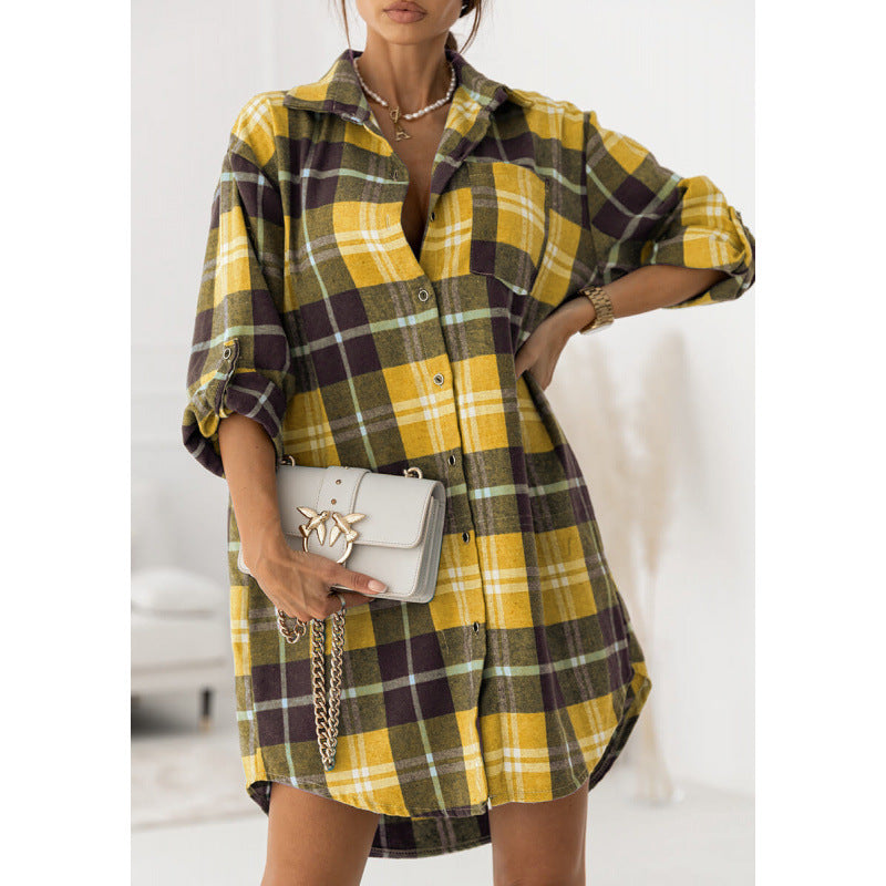 Damen Flanell-Hemdkleid mit Karomuster und langen Ärmeln Fudus