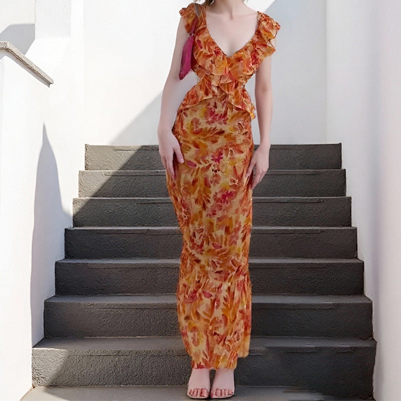 Damen Maxikleid mit voluminösen Rüschendetails und elegantem V-Ausschnitt Fudus