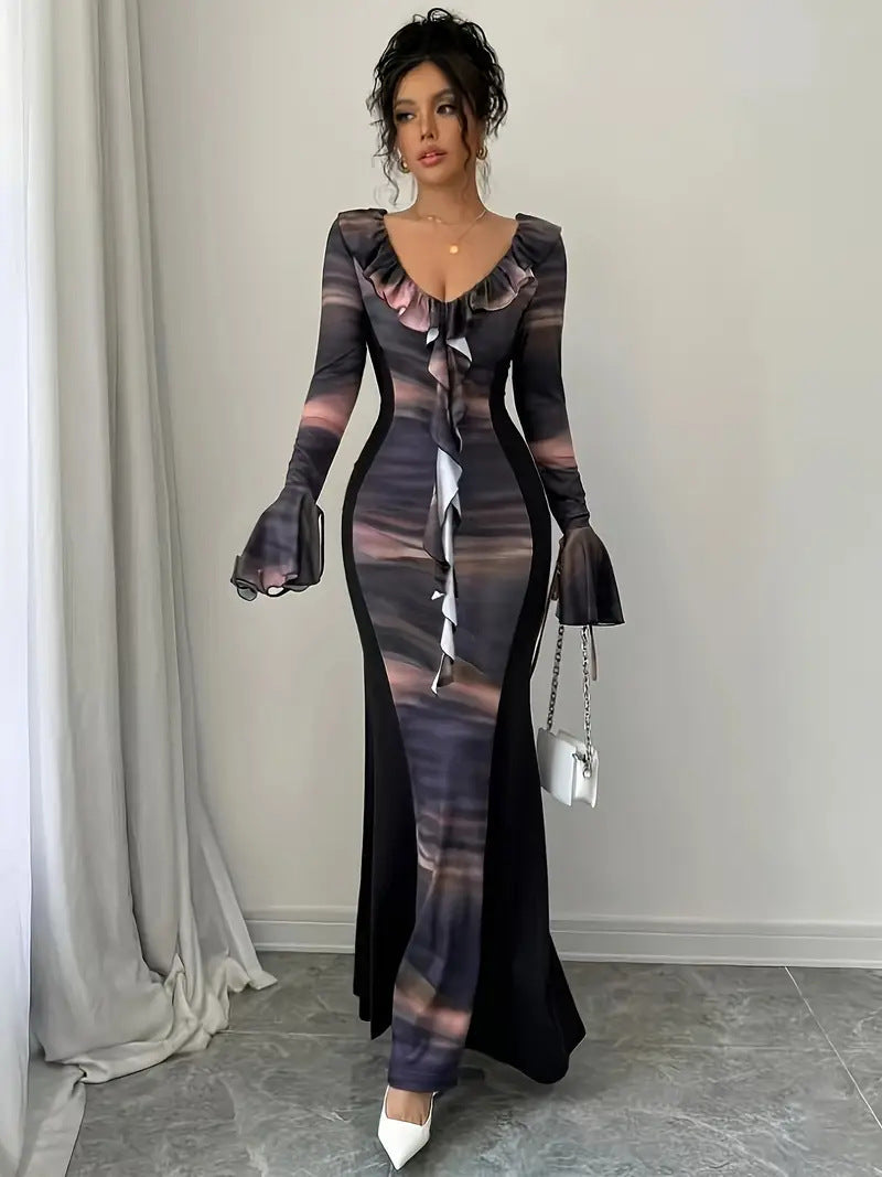 Damen Elegantes Maxi-Kleid mit Rüschen und Farbverlauf Fudus