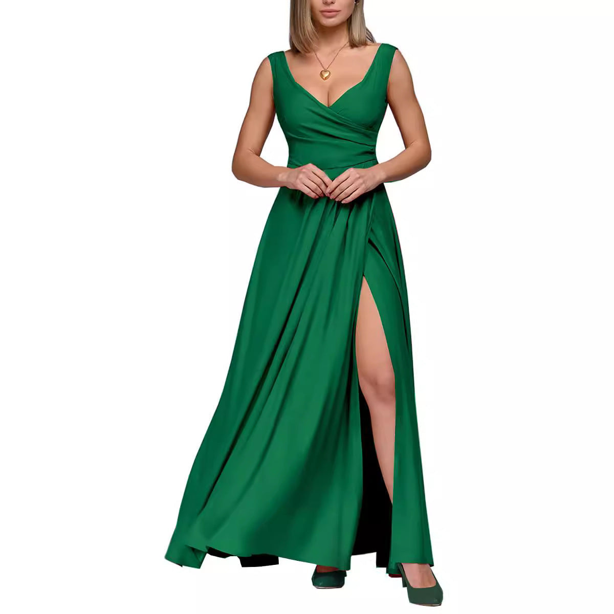 Damen Elegantes Maxikleid mit seitlichem Schlitz und raffiniertem V-Ausschnitt Fudus