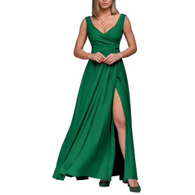Damen Elegantes Maxikleid mit seitlichem Schlitz und raffiniertem V-Ausschnitt Fudus