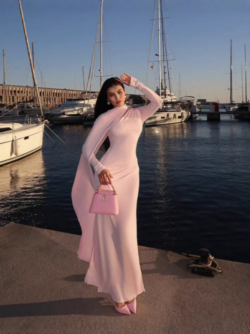 Damen Sleek Kleid mit asymmetrischem Ausschnitt und langen Ärmeln Fudus