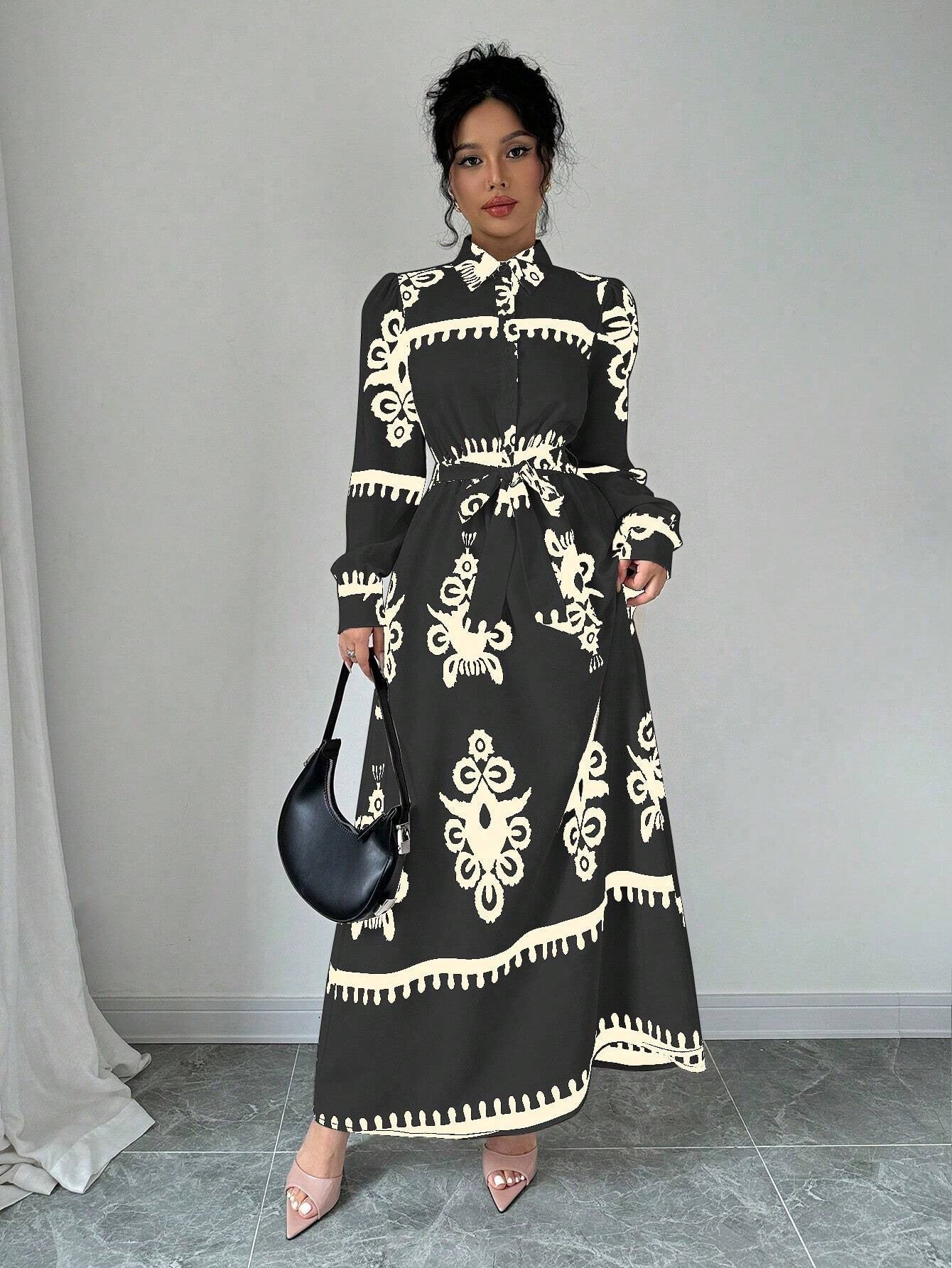 Damen Hemdblusenkleid mit buntem ethnischen Muster und Taillengürtel Fudus