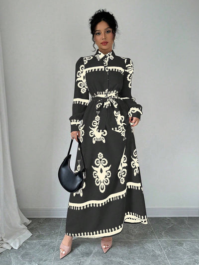 Damen Hemdblusenkleid mit buntem ethnischen Muster und Taillengürtel Fudus