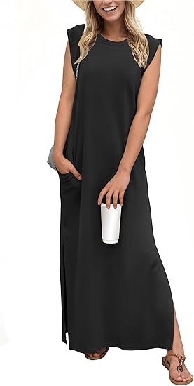 Damen lässiges Maxi-Kleid mit seitlichen Taschen Fudus