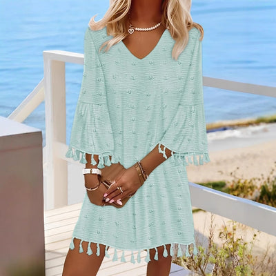 Damen Freizeitkleid mit V-Ausschnitt und ausgestellten Ärmeln Fudus