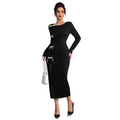 Damen elegantes Maxikleid mit raffinierten Schnürdetails und hohem Schlitz Fudus