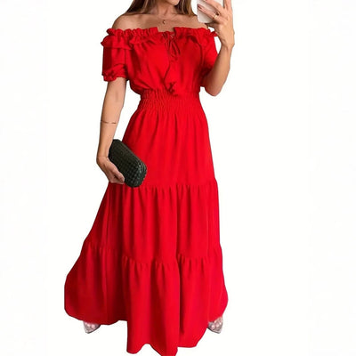 Damen Maxikleid mit Off-Shoulder Design und Volantdetails Fudus