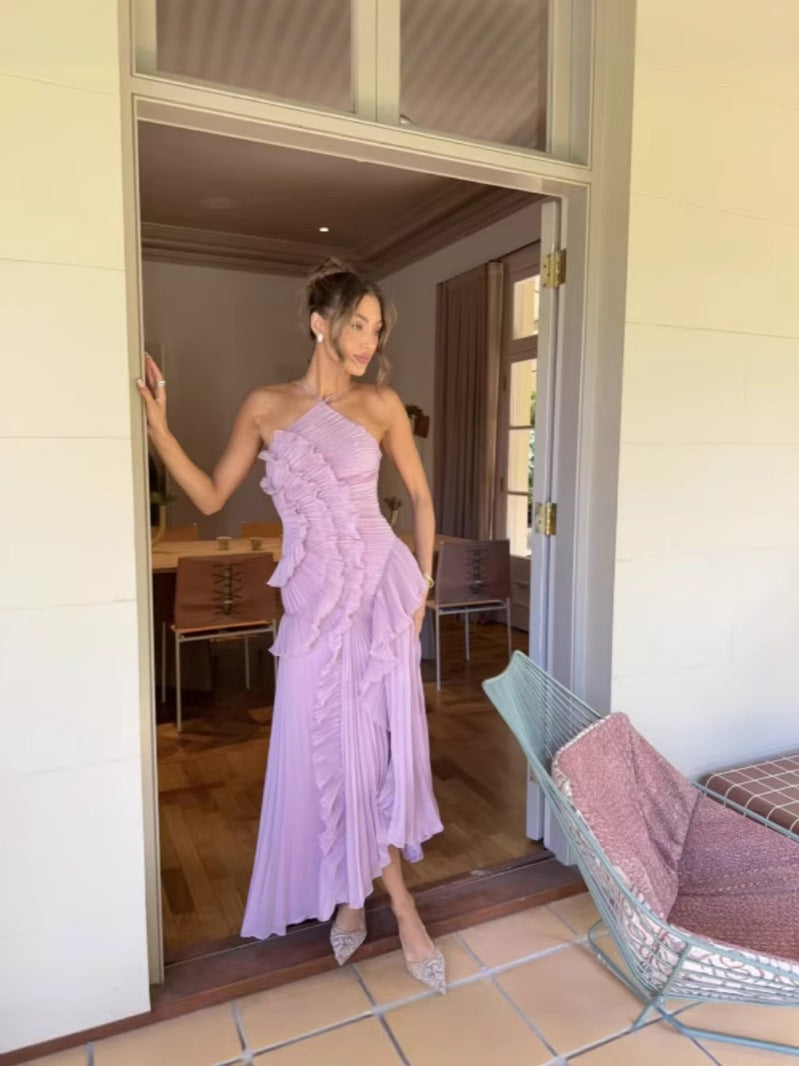 Damen Plissee-Kleid mit asymmetrischem Schnitt und Rüschen Fudus