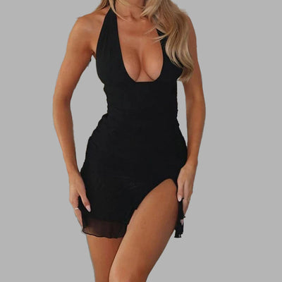 Damen sexy Minikleid mit aufregendem V-Ausschnitt und raffiniertem Rockdetail Fudus