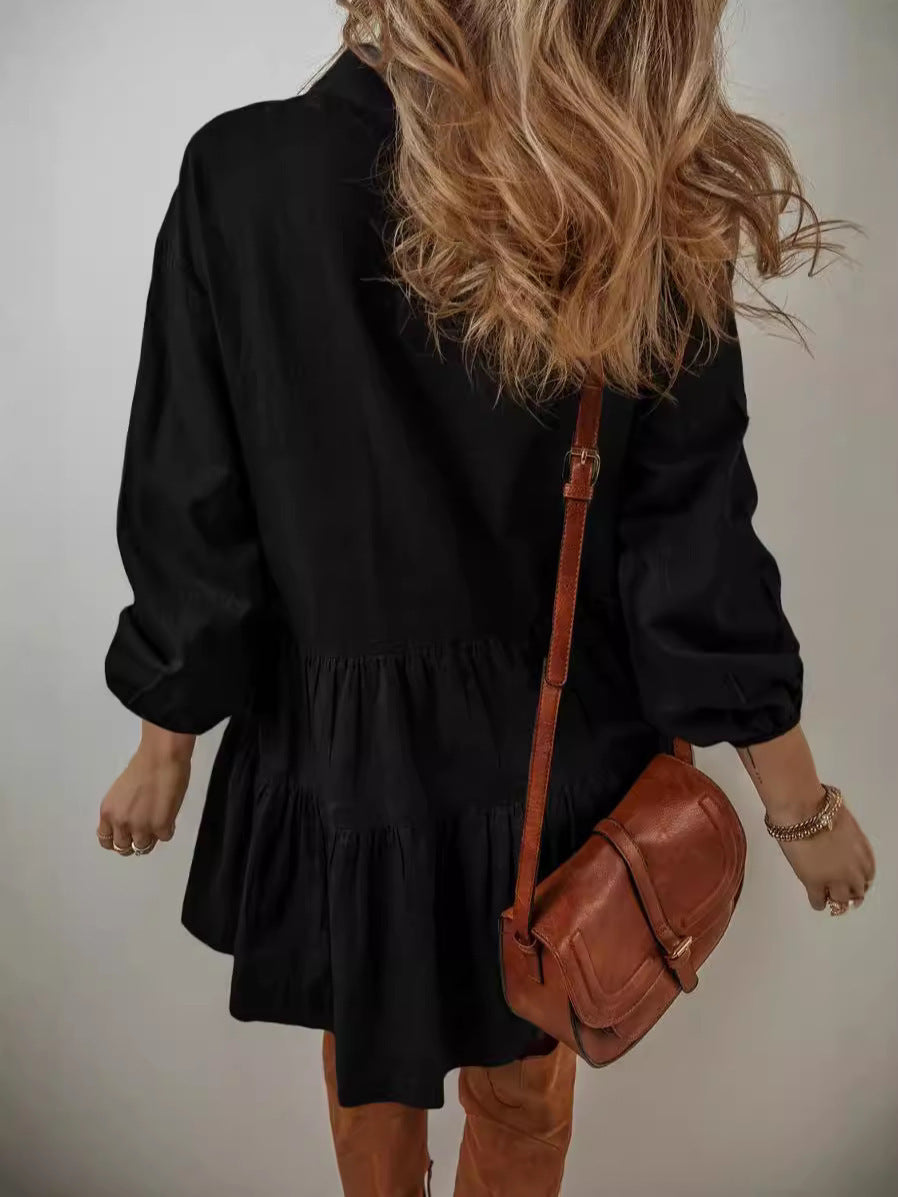 Damen Langärmliges Smockkleid mit Knopfdetails und Rüschen Fudus