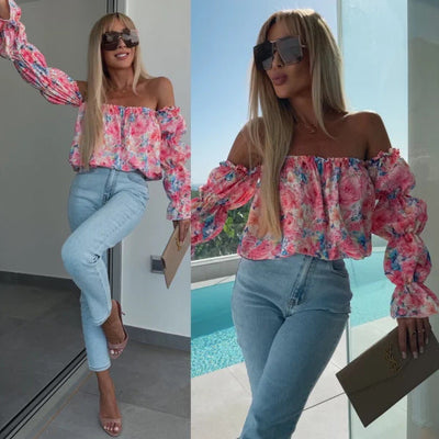 Damen Off-Shoulder Bluse mit Rüschendetails und floralem Muster Fudus