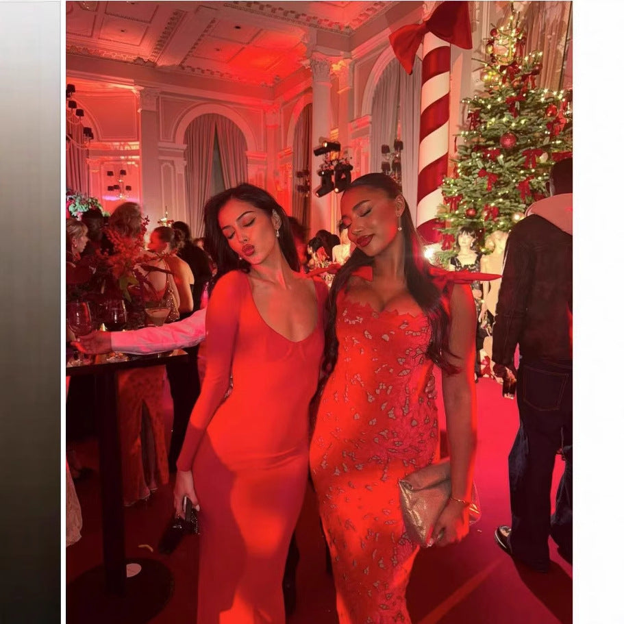 Damen Spitzenentwurf Kleid mit eleganten Schleifen Fudus