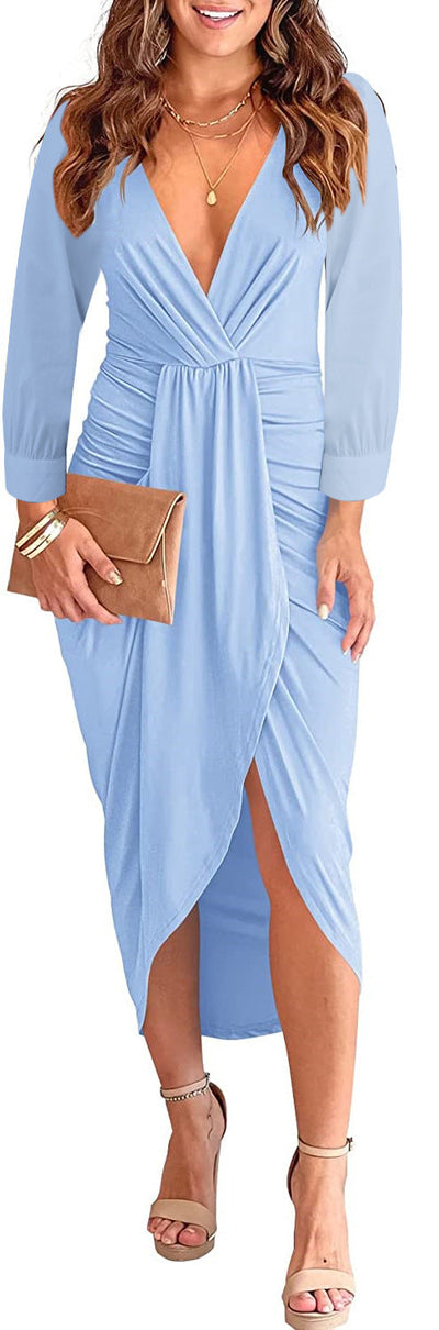 Damen Wickel-Kleid mit tiefem V-Ausschnitt und seitlichem Schlitz Fudus