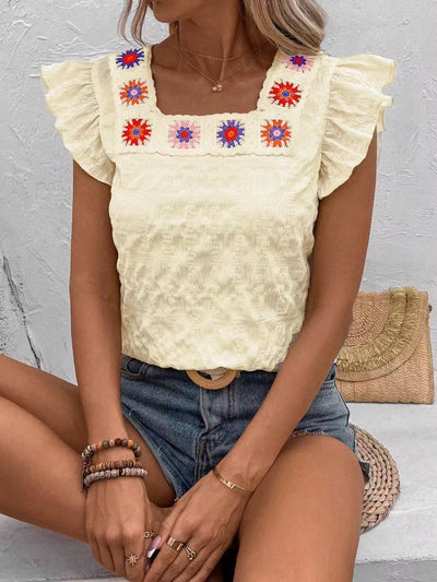 Damen Bluse mit Volant und handgearbeitetem Stickdesign Fudus