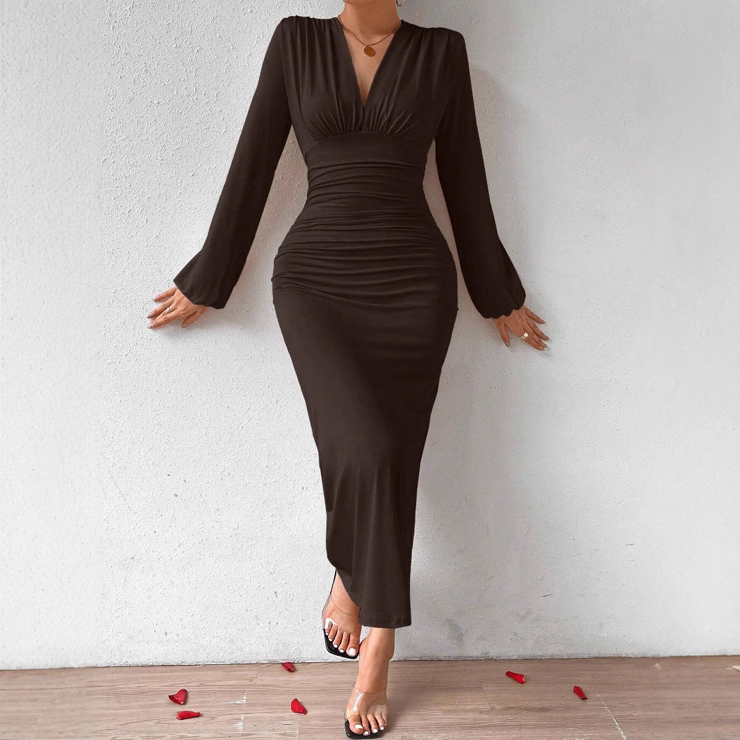 Damen figurbetontes Wickelkleid mit V-Ausschnitt und Rüschendetails Fudus