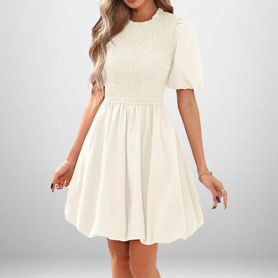 Damen Kurzarm Kleid mit elastischem Oberteil und schwingendem Rock Fudus