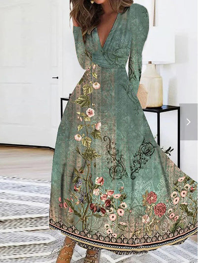 Damen Maxikleid mit floralem Design und V-Ausschnitt Fudus