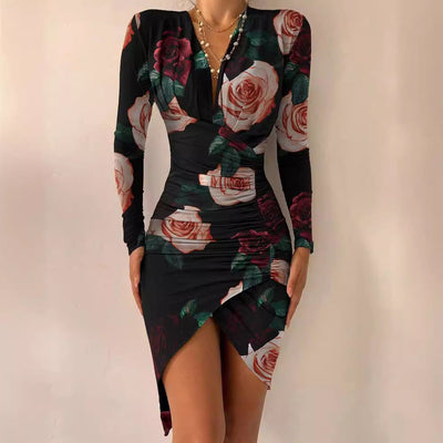 Damen figurbetontes Cocktailkleid mit schickem Rüschendesign und modischem Druck Fudus