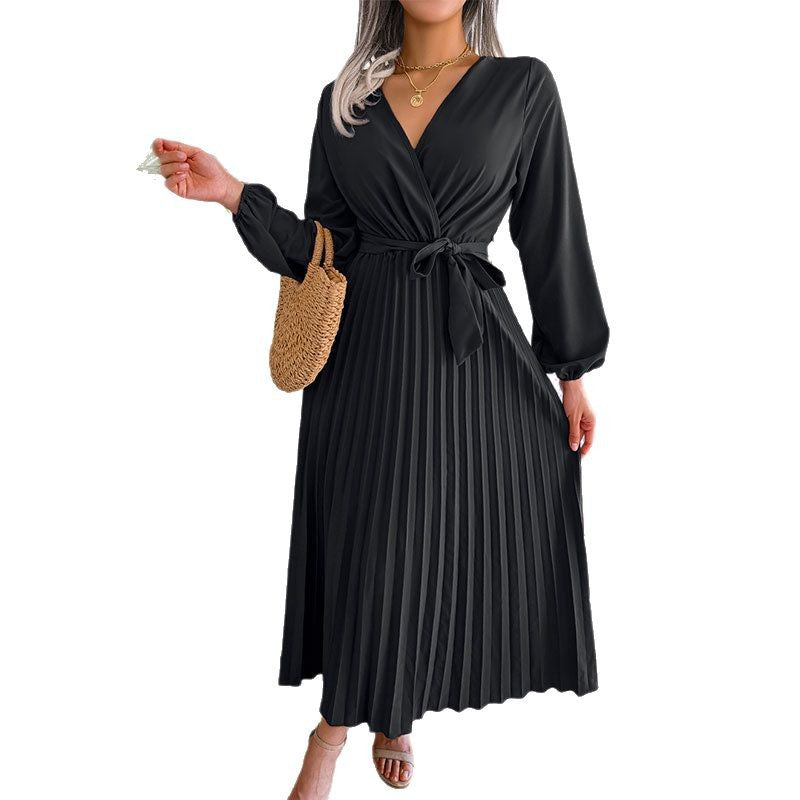 Damen Plissee-Wickelkleid mit eleganter Taillierung und langen Ärmeln Fudus