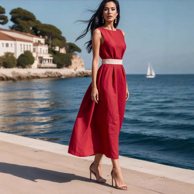 Damen elegantes Midi-Kleid mit taillierbarem Gürtel und schwingendem Saum Fudus