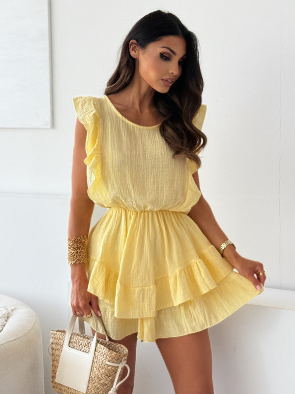 Damen kurzes Sommerkleid mit voluminösen Rüschen und elastischem Taillenband Fudus