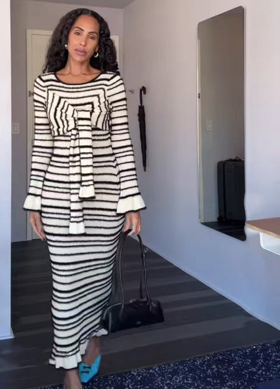 Damen Figurbetontes Strickkleid mit Wickelgürtel und Rüschendetails Fudus