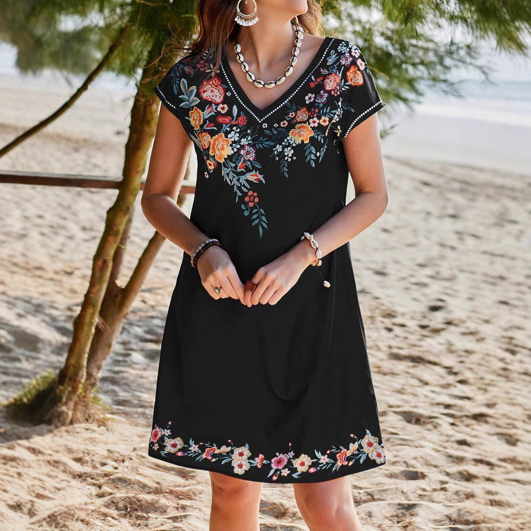 Damen Boho-Kleid mit floralen Stickereien und V-Ausschnitt Fudus