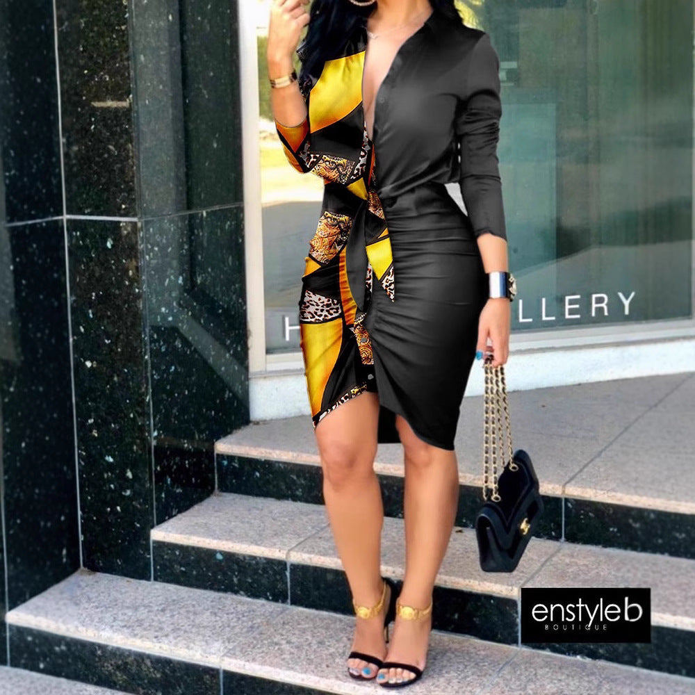 Damen Knielanges Hemdblusenkleid mit kreativem grafischen Muster und taillierbarem Gürtel Fudus