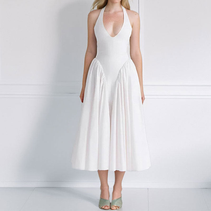 Damen Maxi-Kleid mit tiefem V-Ausschnitt und eleganten Falten Fudus