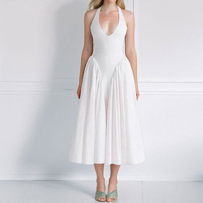 Damen Maxi-Kleid mit tiefem V-Ausschnitt und eleganten Falten Fudus