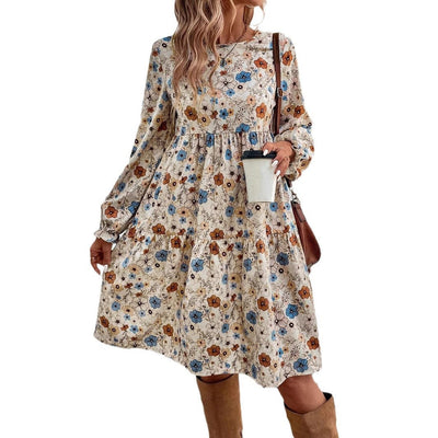 Damen Blumenkleid mit lässigem Schnitt und eleganten Puffärmeln Fudus